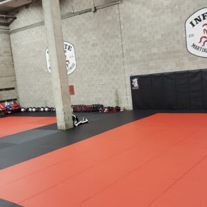 Red and black Brazilian Jiu-Jitsu mat space in Infinite Martial Arts gym