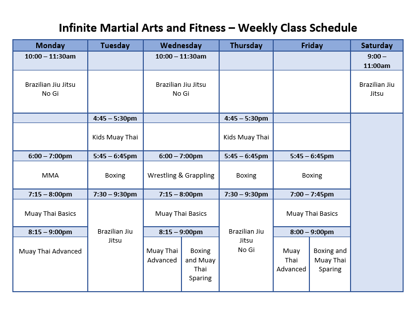 Martial art academy class schedule