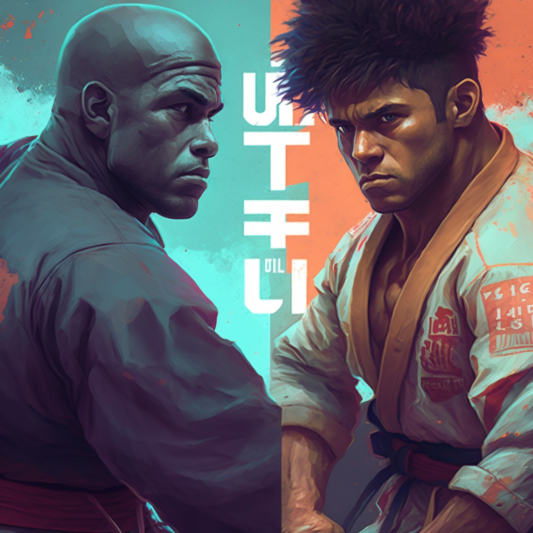 ntense gaze: Two martial artists, one specializing in karate and the other in BJJ, face off before their highly anticipated match. Tension and anticipation fill the air as they prepare to showcase their skills and determine which style will come out on top.