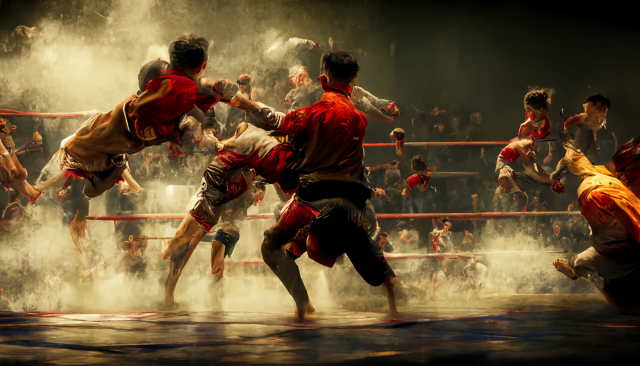 A electrifying scene unfolds as several martial artists engage in a fierce sparring match inside the ring. With a blur of fists and feet, the fighters display their lightning-fast skills and impressive technique. The audience watches in awe as the intense action unfolds in a symphony of power and grace. This is martial arts at its finest, where strength meets strategy and the champion rises