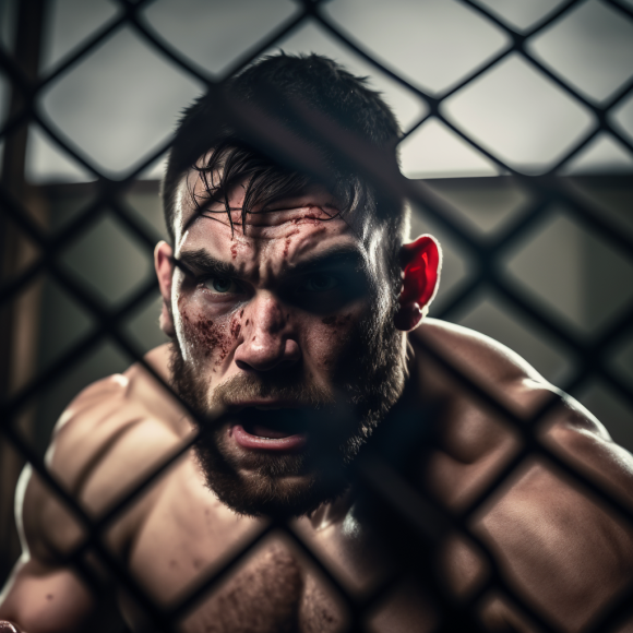 A close-up photo of an MMA fighter in a cage, with a deep cut on his forehead and a fierce expression on his face. He appears to be in the middle of an intense fight, with his fists raised and his body tense. The dimly-lit cage surrounds him, creating an atmosphere of grit and determination. Despite his injury, the fighter's anger and fighting spirit are evident in his eyes, as he prepares to take on his opponent with all his might
