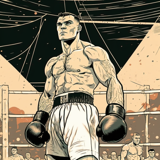 Hand-drawn illustration of a focused boxer in the ring, poised and ready to face his taller fighter, displaying determination and strength.