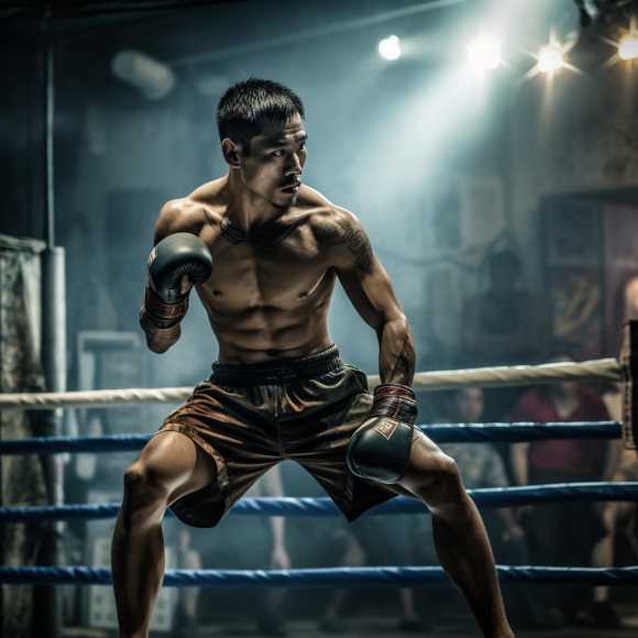 A determined Muay Thai fighter stands confidently in a ring, bathed in dramatic lighting, showcasing their powerful physique and intense focus, ready for battle and to showcase the Intricacies of Muay Thai