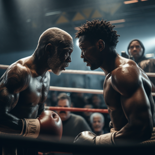 "Experienced older black man engaging in a captivating boxing match surrounded by spectators, pitted against a younger opponent in the ring.