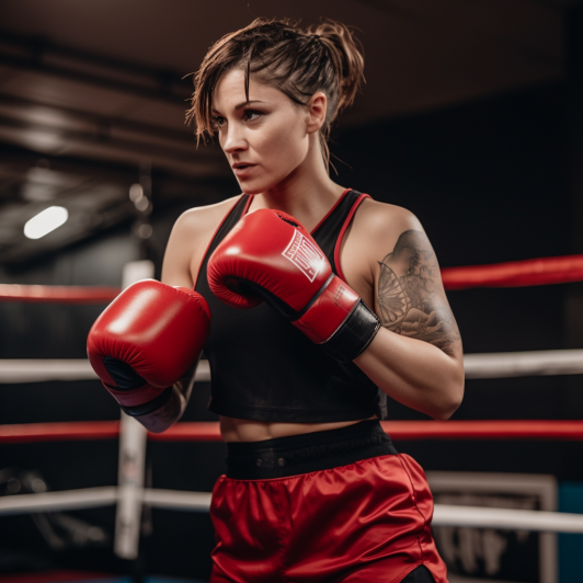 Focused female boxer in the red corner, poised in her boxing stance, ready to commence the bout with determination.