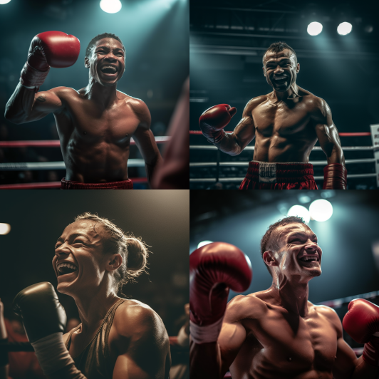 Triumphant boxers celebrating victory in the ring, exuding joy and wearing boxing attire.