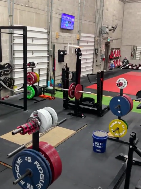 Interior view of the gym showing an array of calibrated weight plates neatly organized, and a Rogue Rhino belt squat machine, highlighting the gym's advanced strength training equipment.