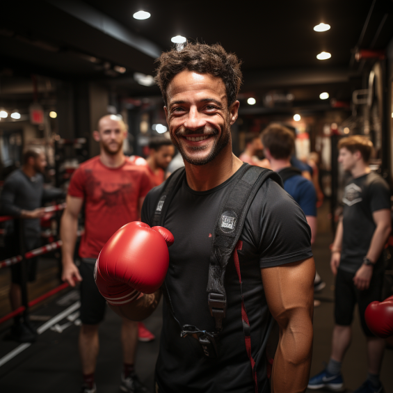 Smiling kids' boxing coach standing confidently at the front of the class, radiating enthusiasm and approachability, with eager young boxers in the background.