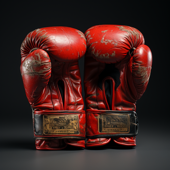 A pair of vintage red boxing gloves, showing signs of extensive use and wear. The gloves have a classic, time-worn look, with visible scuffs, faded areas, and creases indicative of many battles and training sessions. The leather is aged, adding to their antique charm, and they bear the marks and character of years of rigorous use in the ring. The image evokes a sense of history and the enduring spirit of boxing.