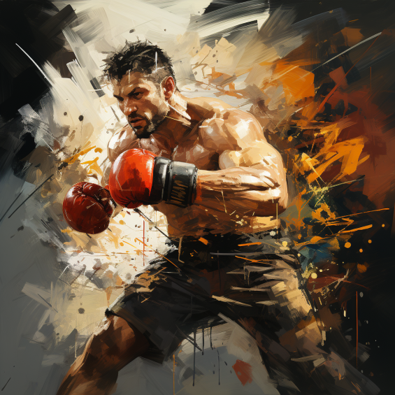 An oil painting depicting a boxer in action. The painting captures the dynamic movement and intensity of a boxing match, with the boxer poised mid-motion, perhaps throwing a punch or skillfully maneuvering in the ring. The brushstrokes are expressive, conveying the energy and physicality of the moment. The use of oil paints adds depth and texture, enhancing the realism and emotional impact of the scene. The colors are likely vivid yet balanced, emphasizing the physicality and drama of the sport. The painting portrays not just the physical aspect of boxing but also the focus and determination inherent in the athlete's expression and stance.