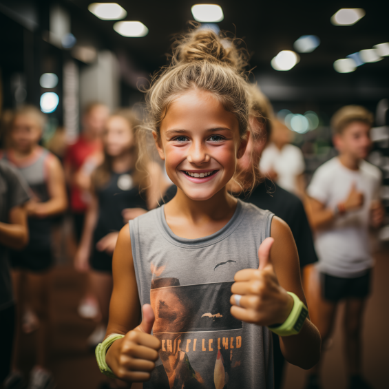 Joyful young girl smiling brightly after her boxing class, radiating happiness and a sense of accomplishment.