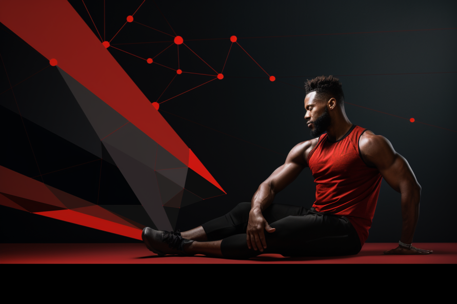 A very handsome black man engaged in a stretching routine in a black room. His focused expression and the graceful extension of his limbs exemplify the importance of flexibility and preparation in physical activities.