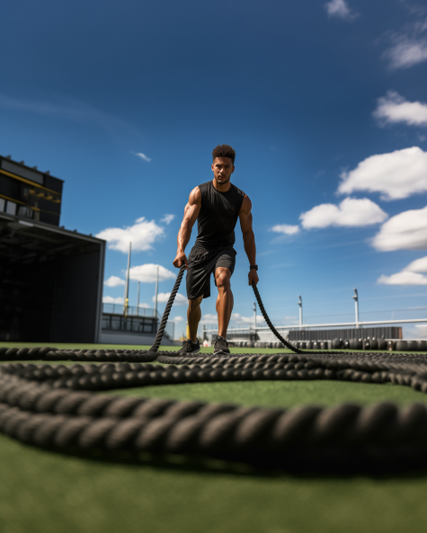 A man vigorously training with battle ropes, showcasing his commitment to strength and conditioning for martial artists. His intense focus and powerful movements highlight the physical endurance and strength required in martial arts.