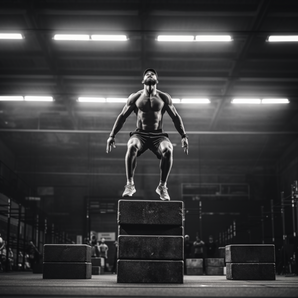 A man executing a plyometric box jump in a boxing gym, showcasing his explosive strength and agility. The intensity and focus in his leap reflect the rigorous physical training integral to boxing and martial arts.