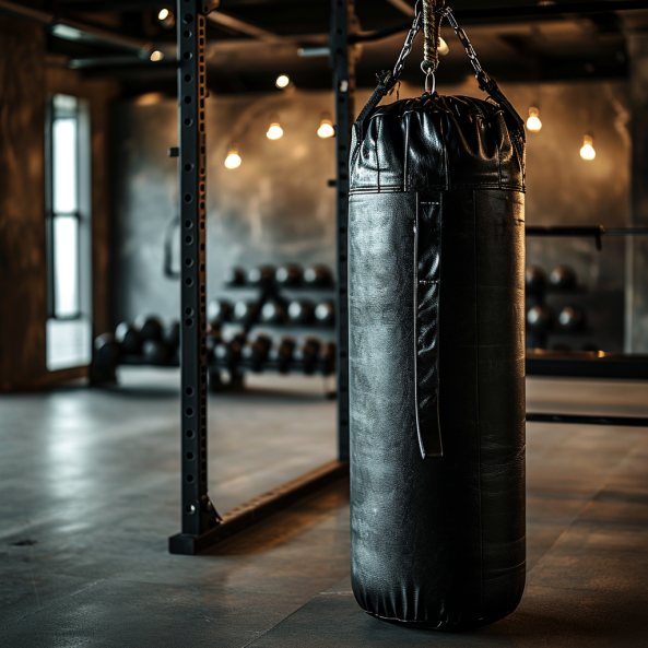 A black heavy bag hanging in an MMA gym, symbolizing the core training equipment for martial artists. The bag's presence in the gym signifies the importance of strength, conditioning, and technique in mixed martial arts training.