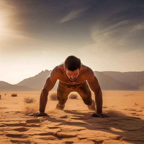 A man in the midst of a burpee exercise, set against the vast, arid backdrop of a desert. He is demonstrating strength and conditioning essential for martial artists, with a focus on endurance and agility in a challenging environment.
